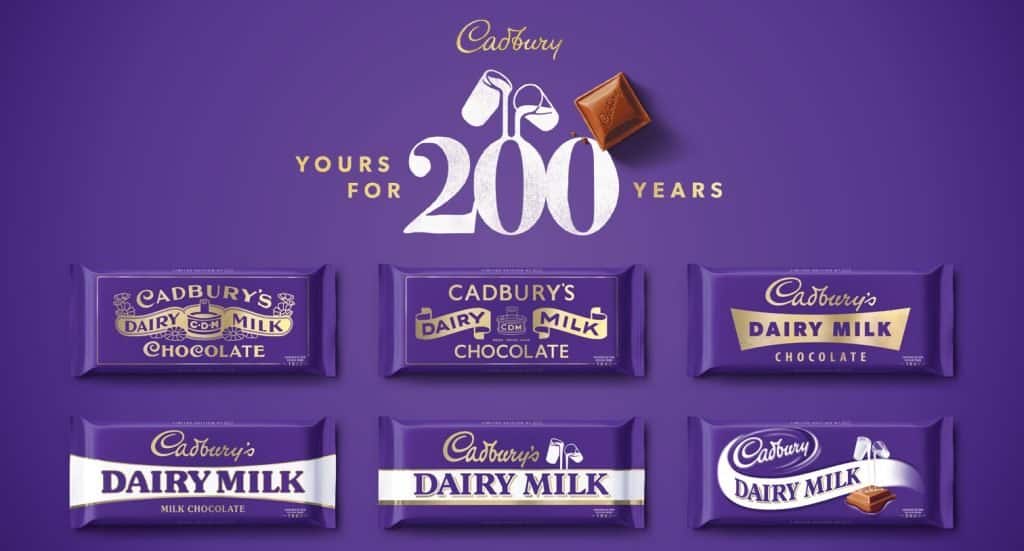 Graphic showing six Cadbury bar designs from over the years. At the top is a logo that reads 'Cadbury, yours for 200 years'